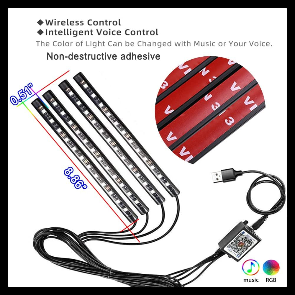 LED Car Lights with App Control, Strip Lights, Smart Interior DIY Mode and Music Mode, under Dash for USB Port, Fit Cars, Trucks, Suvs, 8.86 * 0.51*0.2 Inch (Qp5078)