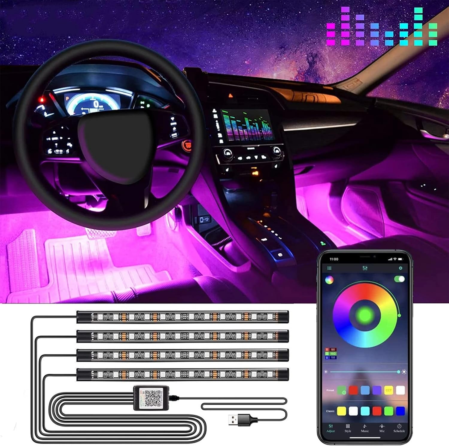 LED Car Lights with App Control, Strip Lights, Smart Interior DIY Mode and Music Mode, under Dash for USB Port, Fit Cars, Trucks, Suvs, 8.86 * 0.51*0.2 Inch (Qp5078)
